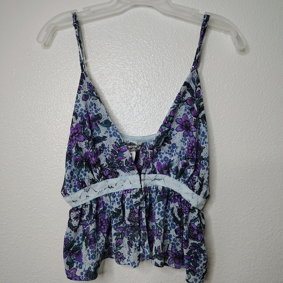 Free People Women's Purple and Blue Floral Croptop Babydoll Camisole Sz L NWOT - Picture 2 of 12